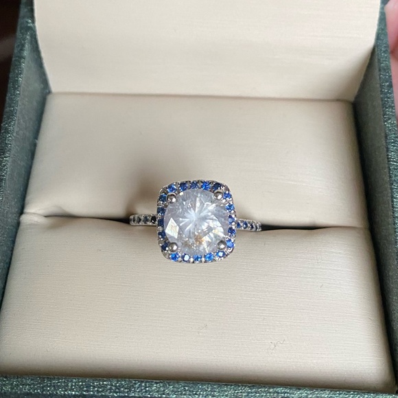 NATURAL ROUND CUT DIAMOND 3.22 TCW & CEYLON SAPPHIRE 14K WHITE GOLD RING - Picture 2 of 16